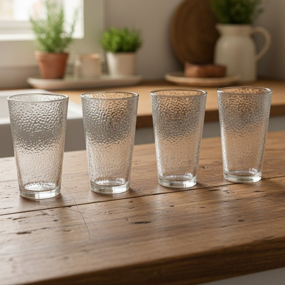 Libbey Glass Hammered Clear Tumblers, Set of 4, Textured Drinking Glasses